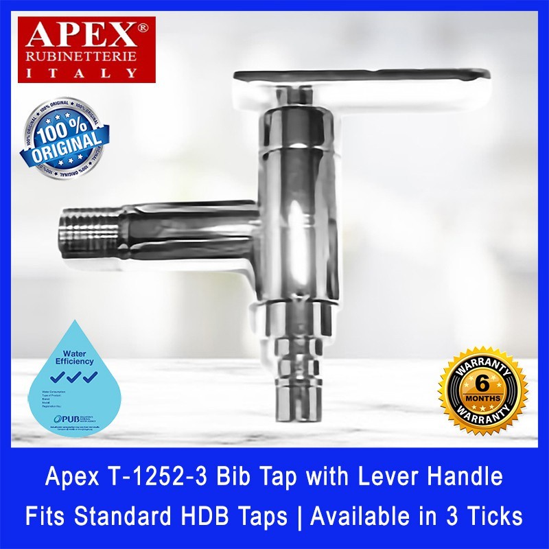 Apex T‐1252‐3 Bib Tap with Lever Handle. Fits most HDB taps of 1/2 inch. Made of Brass. Chrome Finish.
