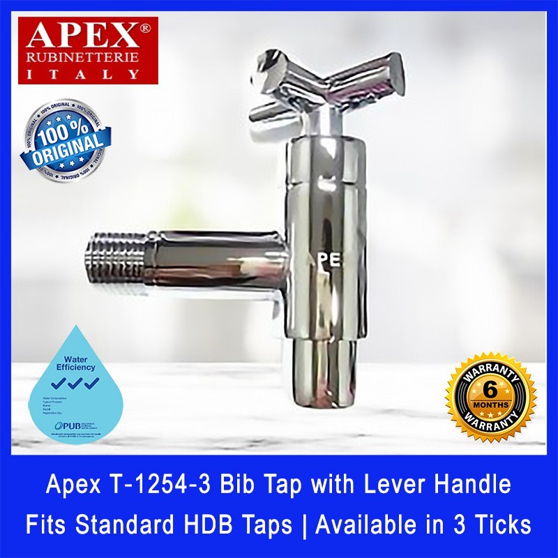 Apex T‐1254‐3 Bib Tap with Cross Handle. Fits most HDB taps of 1/2 inch. Made of Brass. Chrome Finish.