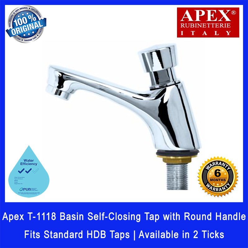 Apex T-1118 Basin Self-Closing Tap with Round Handle. Fits most HDB taps of 1/2 inch. Dimensions (LxWxH): 140x40x100mm