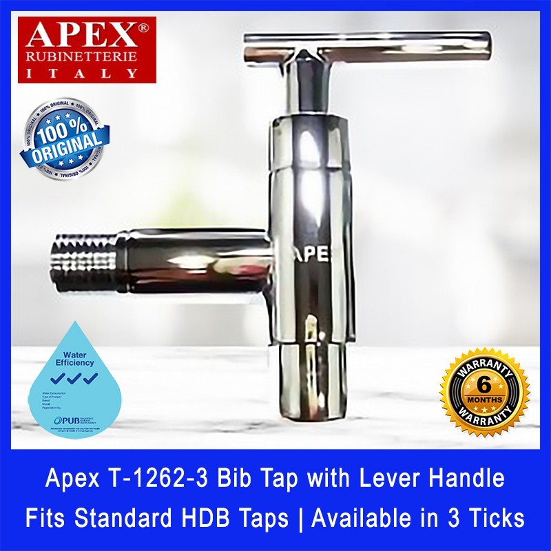 Apex T‐1262‐3 Bib Tap with Lever Handle. Fits most HDB taps of 1/2 inch. Made of Brass. Chrome Finish.