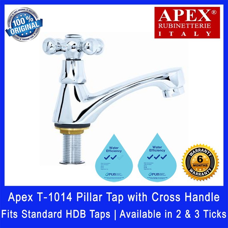 Apex T‐1014 Pillar Tap with Cross Handle. Fits most HDB taps of 1/2 inch. Dimensions (L x W x H): 140 x 70 x 95mm.