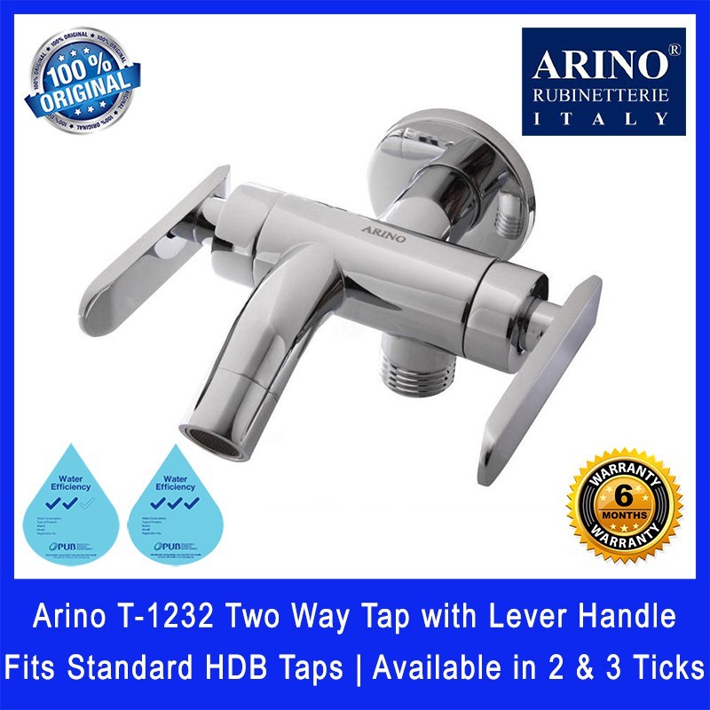 Arino T-1232 Two Way Tap with Lever Handle. Fits most HDB taps of 1/2 inch. Made of Brass. Chrome Finish.