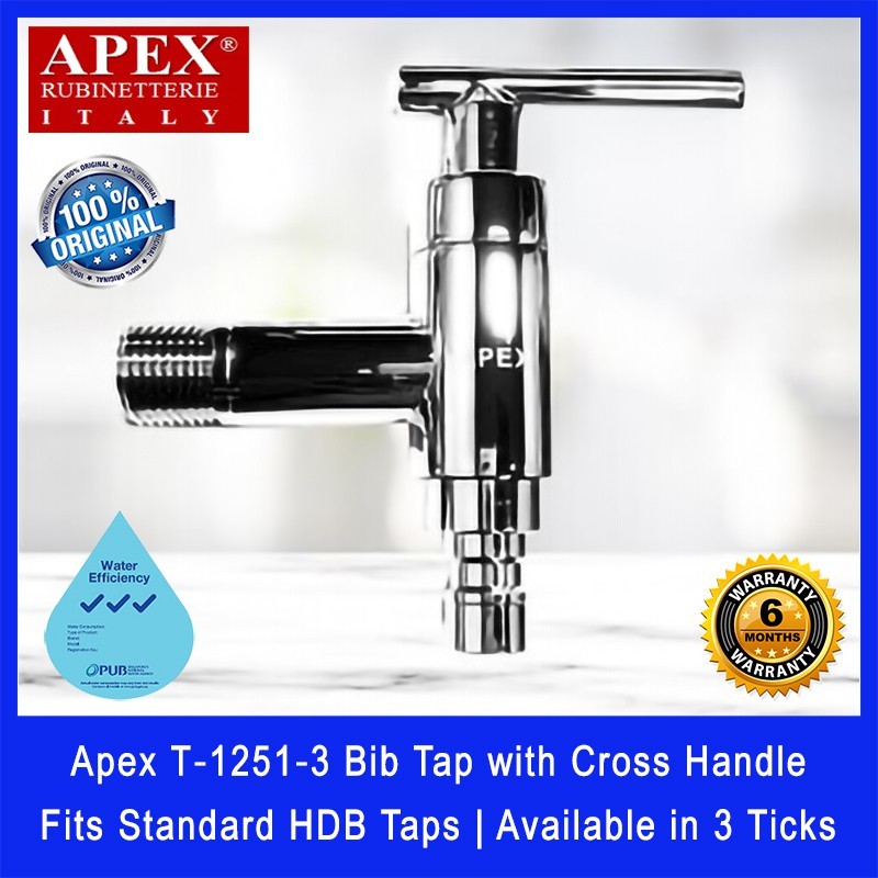 Apex T‐1251‐3 Bib Tap with Cross Handle. Fits most HDB taps of 1/2 inch. Made of Brass. Chrome Finish.