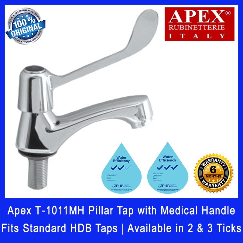 Apex T‐1011MH Pillar Tap with Medical Handle. Fits most HDB taps of 1/2 inch. Dimensions (L x W x H): 150 x 50 x 190 mm.