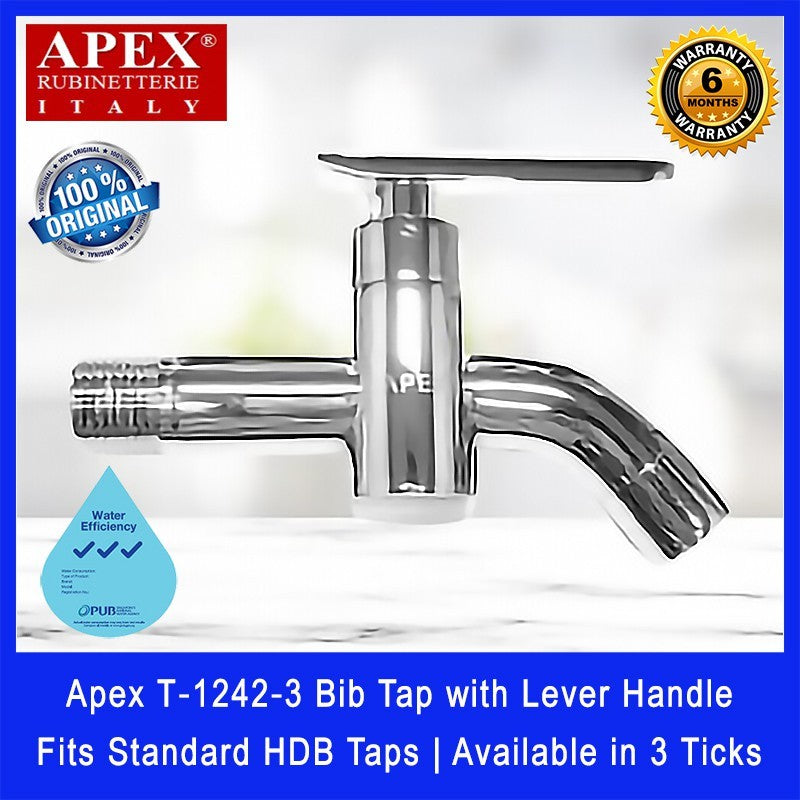 Apex T‐1242‐3 Bib Tap with Lever Handle. Fits most HDB taps of 1/2 inch. Made of Brass. Chrome Finish.