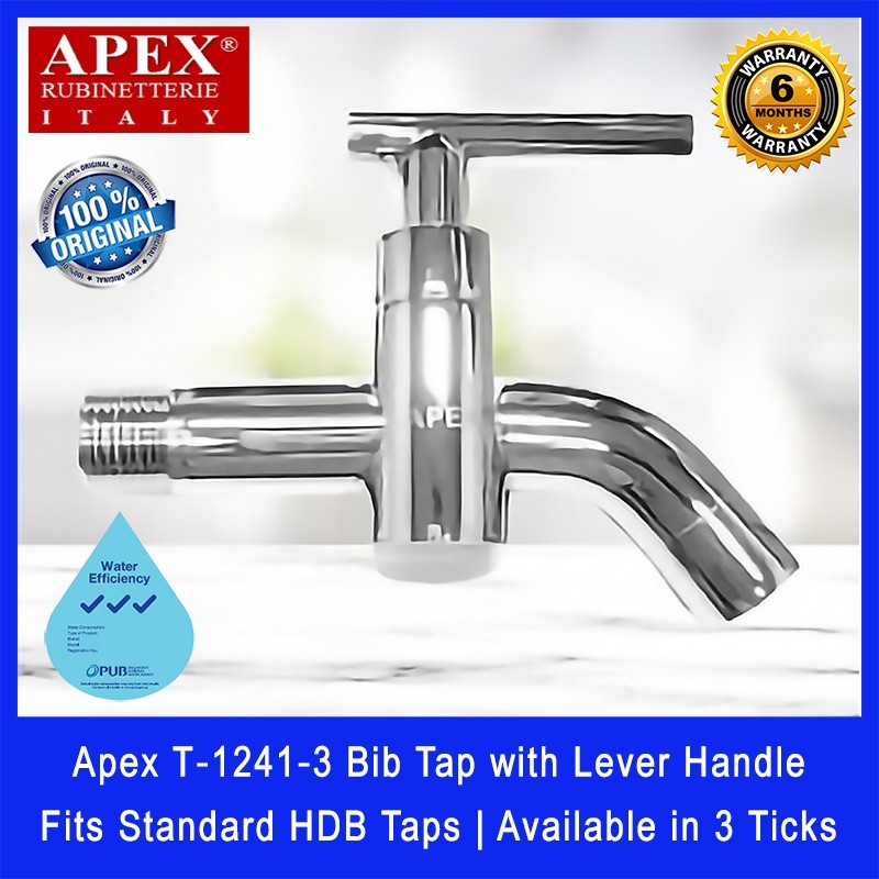 Apex T‐1241‐3 Bib Tap with Lever Handle. Fits most HDB taps of 1/2 inch. Made of Brass. Chrome Finish.