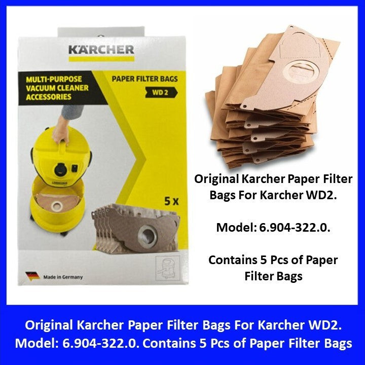 Karcher Paper Filter Bags for Karcher WD2 Vacuum Cleaner | 6.904-322.0 | Contains 5 Bags | Original Karcher Stock