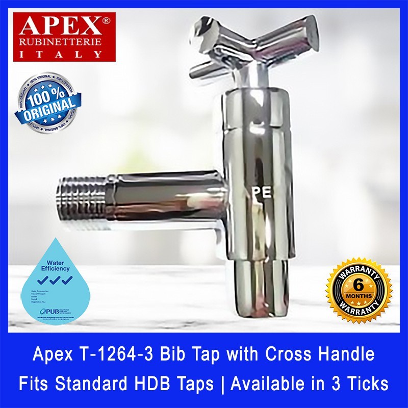 Apex T‐1264‐3 Bib Tap with Cross Handle. Fits most HDB taps of 1/2 inch. Made of Brass. Chrome Finish.