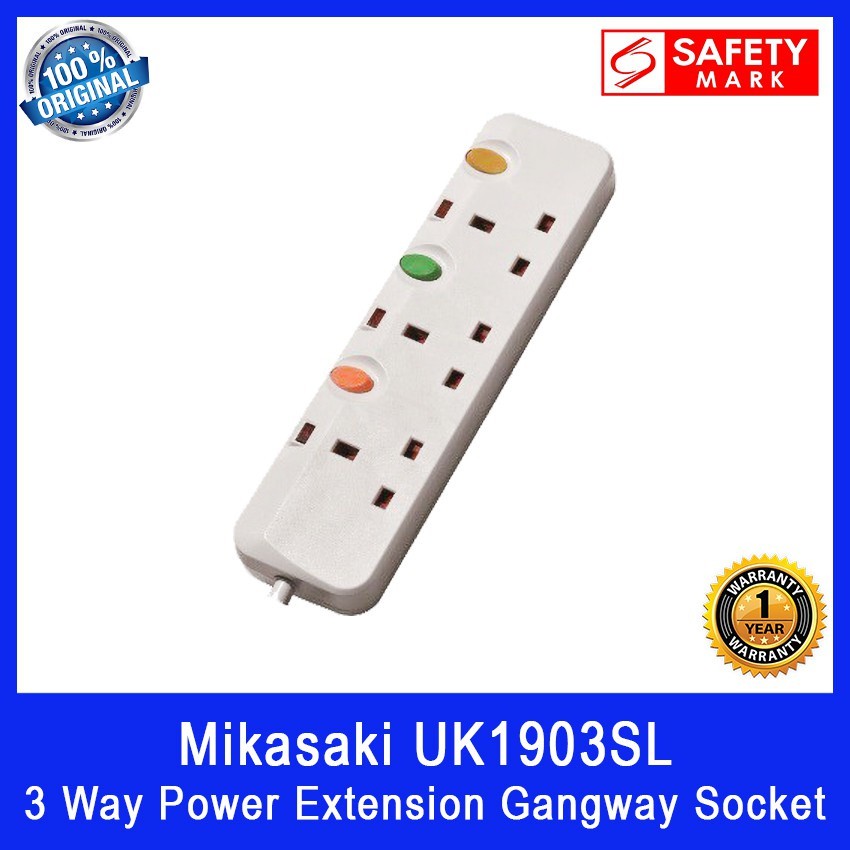 Mikasaki 3 Way Power Extension Gangway Socket. Can use 2 pin plug directly. Model: UK1903SL. Safety Mark Approved.