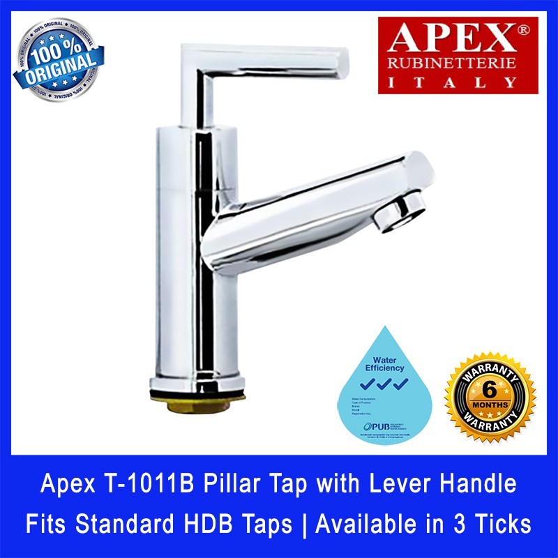 Apex T‐1011B Pillar Tap with Lever Handle. Fits most HDB taps of 1/2 inch. Dimensions (L x W x H): 125 x 30 x 185 mm.