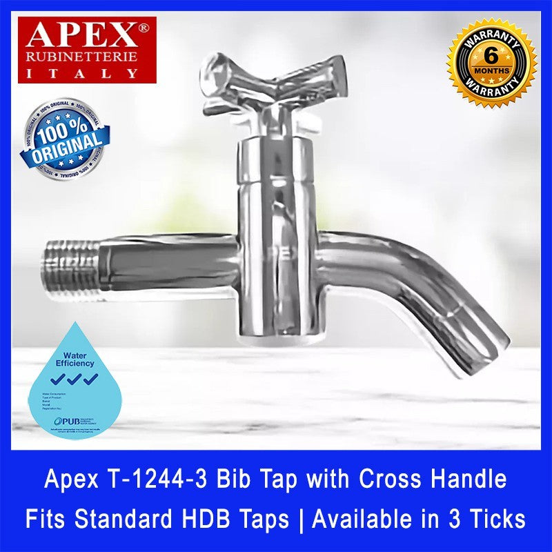 Apex T‐1244‐3 Bib Tap with Cross Handle. Fits most HDB taps of 1/2 inch. Made of Brass. Chrome Finish.