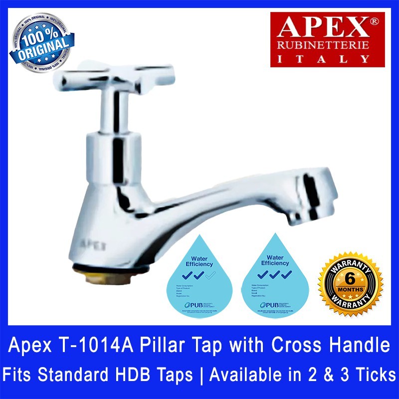 Apex T‐1014A Pillar Tap with Cross Handle. Fits most HDB taps of 1/2 inch. Dimensions (L x W x H): 140 x 65 x 145mm.