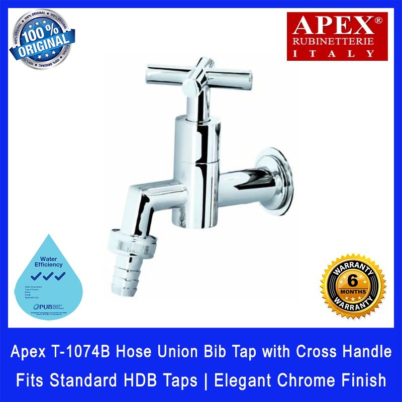 Apex T-1074B Hose Union Bib Tap with Cross Handle. Fits most HDB taps of 1/2 inch. Dimensions (L x W x H): 130x65x100mm