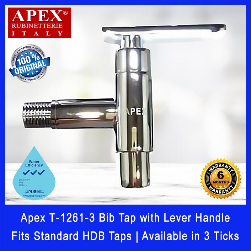 Apex T‐1261‐3 Bib Tap with Lever Handle. Fits most HDB taps of 1/2 inch. Made of Brass. Chrome Finish.
