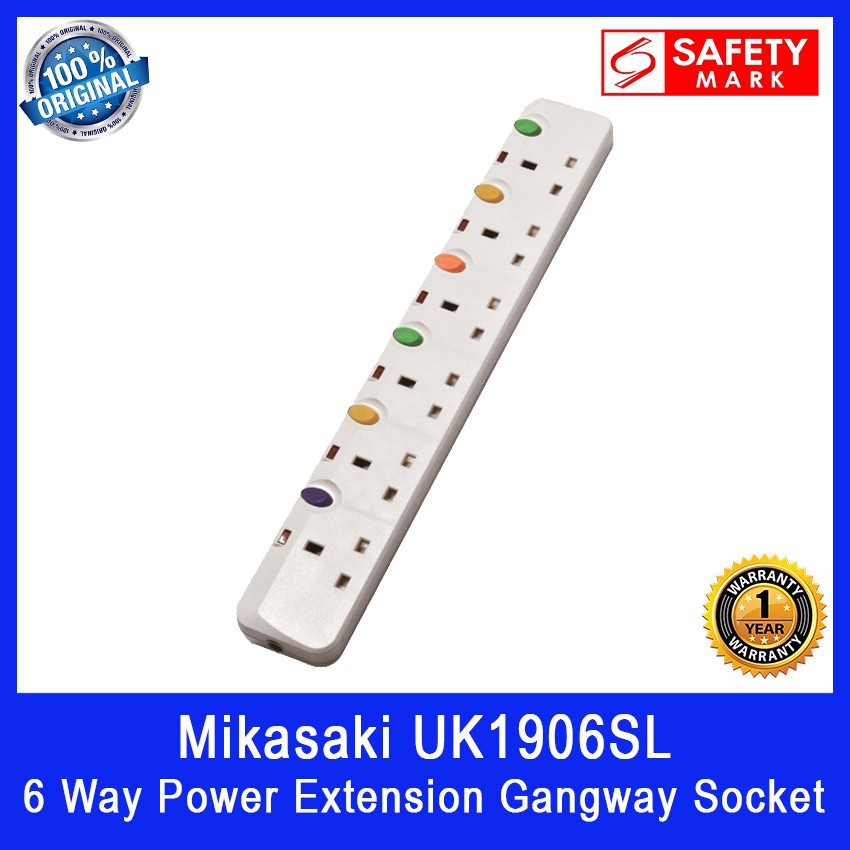 Mikasaki 6 Way Power Extension Gangway Socket. Can use 2 pin plug directly. Model: UK1906SL. Safety Mark Approved.
