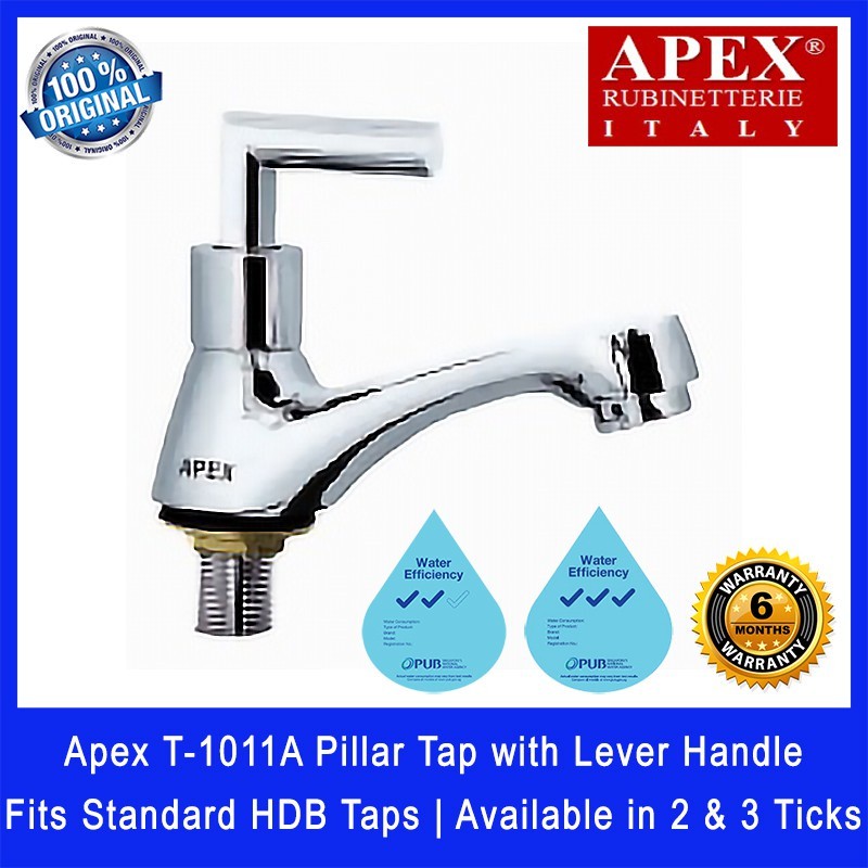 Apex T‐1011A Pillar Tap with Lever Handle. Fits most HDB taps of 1/2 inch. Dimensions (L x W x H): 140 x 40 x 145mm.