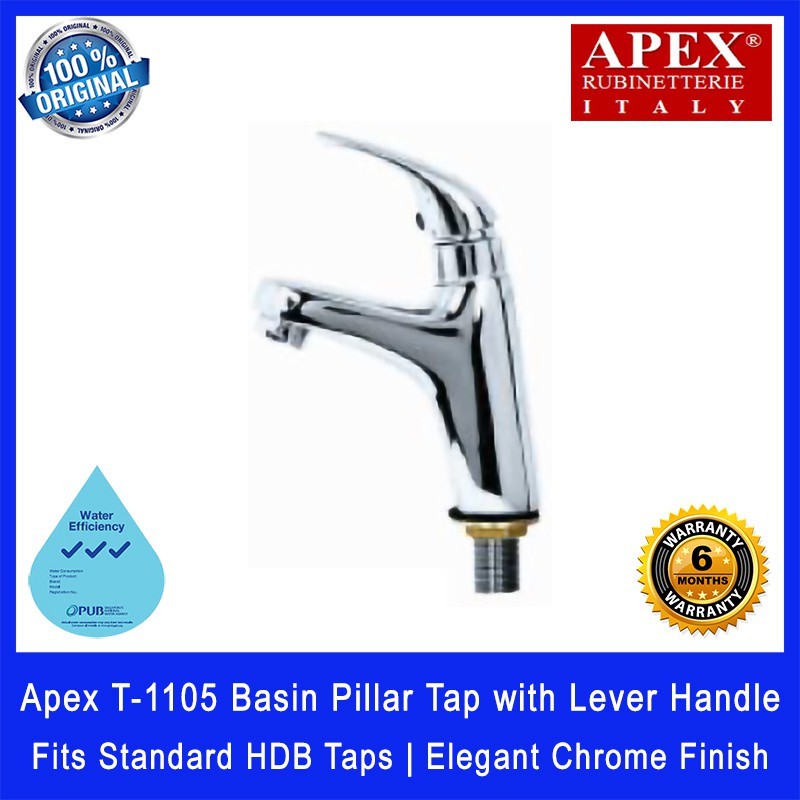 Apex T-1105 Basin Pillar Tap with Lever Handle. Fits most HDB taps of 1/2 inch. Dimensions (L x W x H): 130x40x155 mm