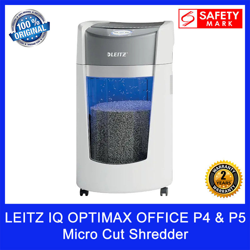 LEITZ IQ OPTIMAX OFFICE P5 | P4 Micro Cut Shredder. 35L Bin Capacity. Safety Mark Approved. 2 Year Warranty