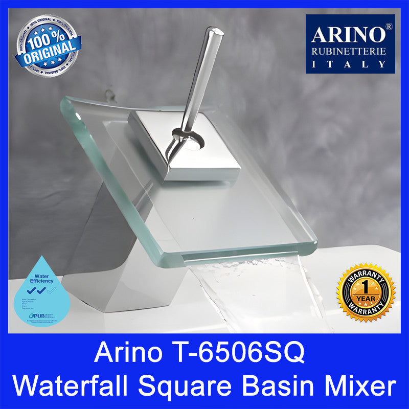 ARINO Waterfall Square Basin Mixer with Transparent Glass T-6506SQ | WELS: 2 Ticks | Registration no. BST-2010/006655
