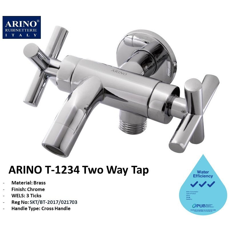 Arino T-1234 Two Way Tap with Cross Handle | Material: Brass | Finish: Elegant Chrome