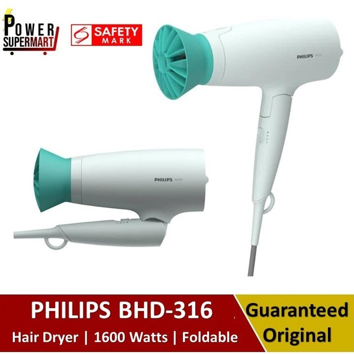 Philips BHD316 Hair Dryer | 1600 Watts | BHD-316 | 3 Heat Setting | Cool Air Function | Slim Nozzle | ThermoProtect