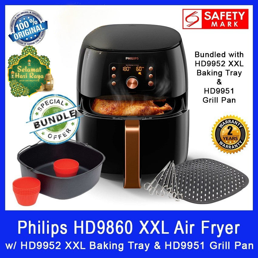 Philips HD9860 XXL Smart Air Fryer. Bundled with HD9952 XXL Baking Tray or HD9951 Grill Pan. New Premium Model.
