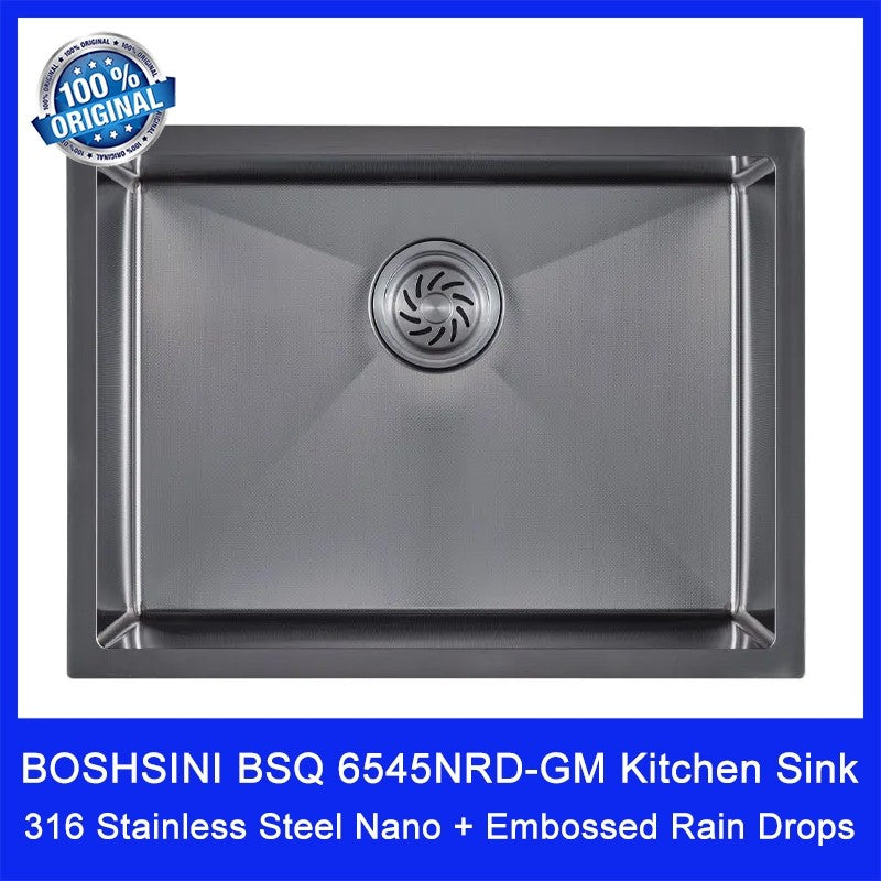 Boshsini 316 Stainless Steel Nano + Embossed Rain Drops Kitchen Sink. BSQ 6545NRD-GM. Local SG Stock