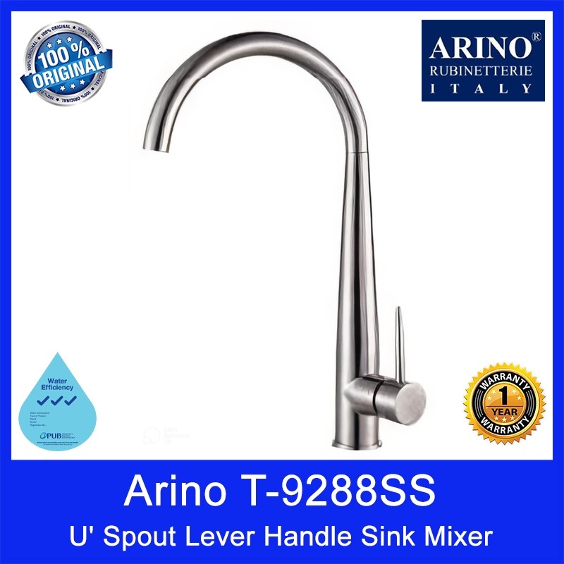 Arino T-9288SS U' Spout Lever Handle Sink Mixer. Stainless Steel 304. Satin Finishing. 455H*205Lmm. WELS:3 Tick.