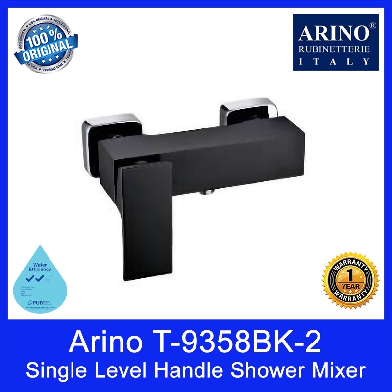 Arino T-9358BK-2 Single Level Handle Shower Mixer. Brass Matt Black. 200Lmm. WELS: 2 Tick. 1 Year Warranty