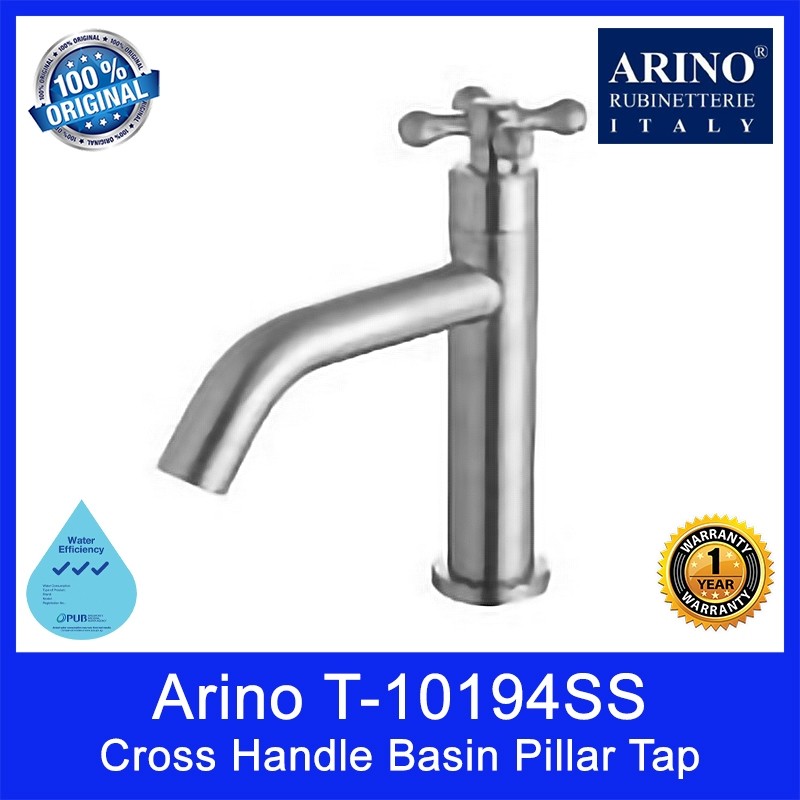 Arino T-10194SS | T-10194LSS Cross Handle Basin Pillar Tap. Stainless Steel 304. Satin Finishing. WELS: 3 Ticks.