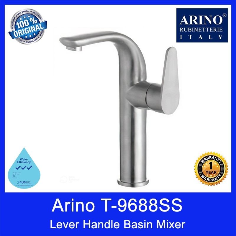 Arino T-9688SS Lever Handle Basin Mixer. Stainless Steel 304. Satin Finishing. 250H*156.5Wmm. WELS: 3 Ticks