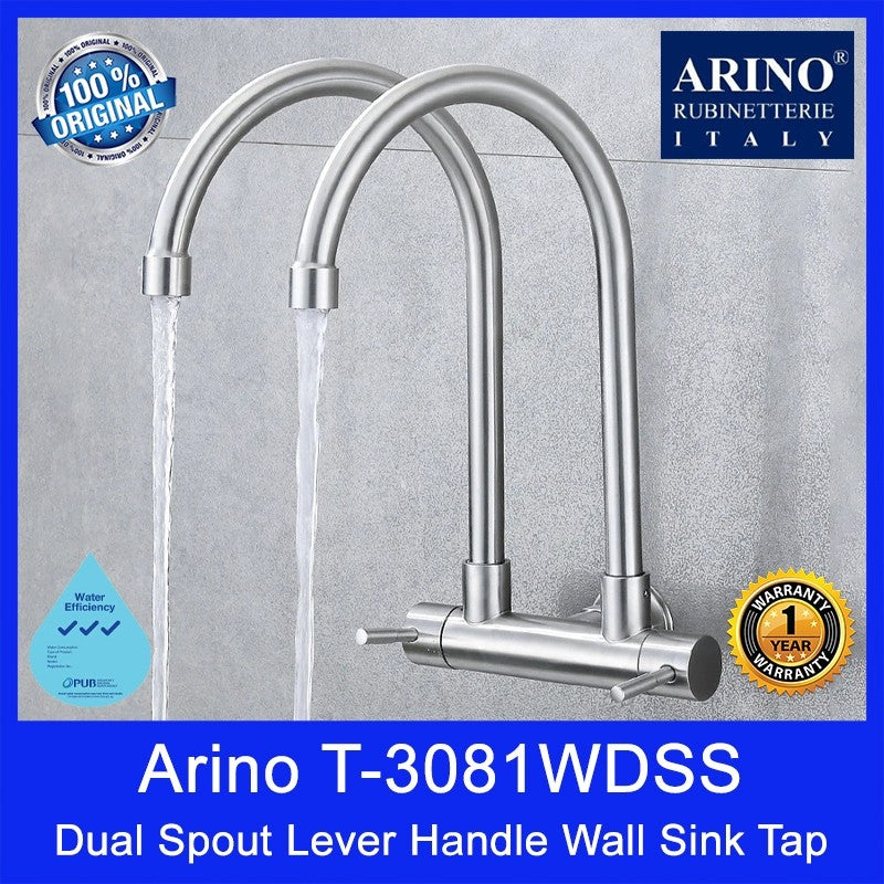 Arino T-3081WDSS Dual Spout Lever Handle Wall Sink Tap. Stainless Steel 304. Satin Finishing. WELS: 3 Ticks. 1Yr Wty.
