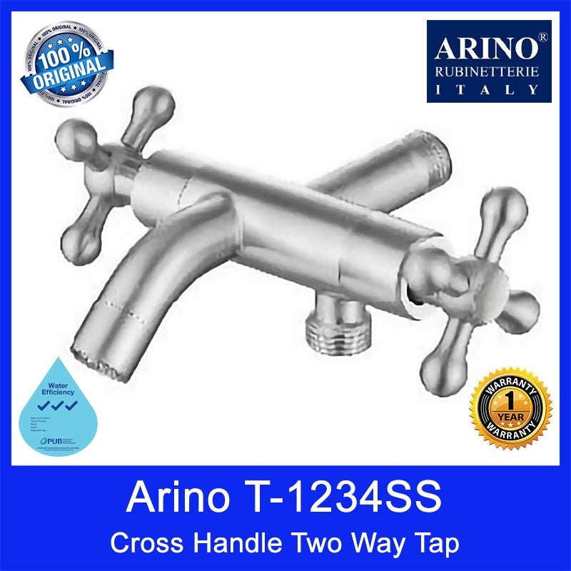 Arino T-1234SS Cross Handle Two Way Tap. Stainless Steel 304. Satin Finishing. 152.5L*127.3Wmm. WELS: 3 Ticks. 1Yr Wty.