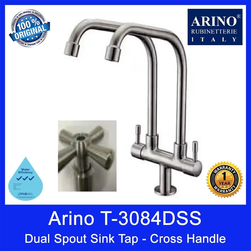 Arino T-3084DSS Dual Spout Sink Tap - Cross Handle. Stainless Steel 304. Satin Finishing. 289H*175Lmm. WELS: 3 Ticks.