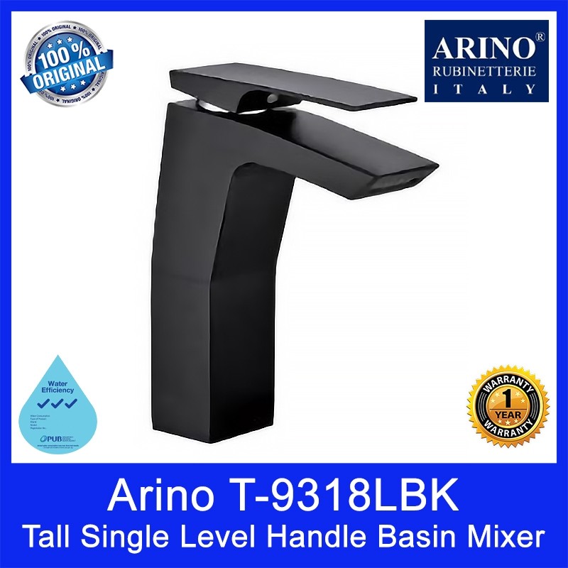 Arino T-9318LBK-3 Tall Single Level Handle Basin Mixer. Brass Matt Black. WELS: 3 Ticks. Local SG Stock.