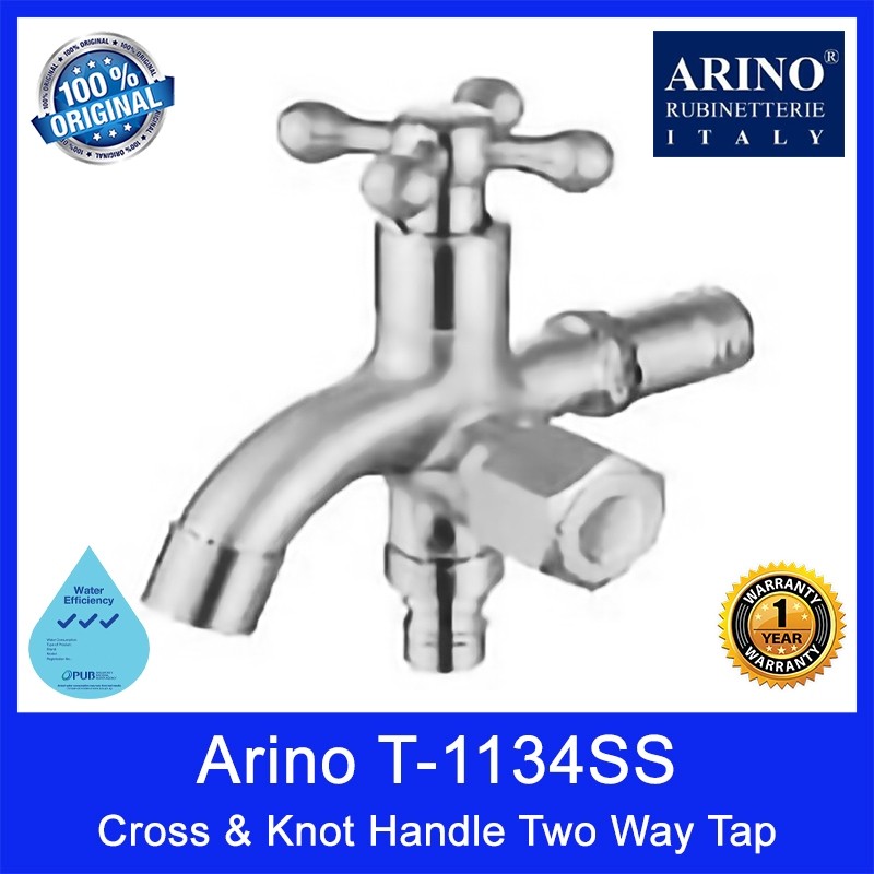 Arino T-1134SS Cross & Knot Handle Two Way Tap. Stainless Steel 304. Satin Finishing. 102H*130Lmm. 3 Tick WELS Rating.