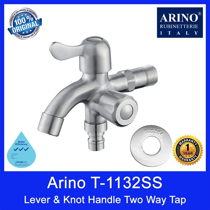 Arino T-1132SS Lever & Knot Handle Two Way Tap. Stainless Steel 304. Satin Finishing. 88H*130Lmm. Wels: 3 ticks.