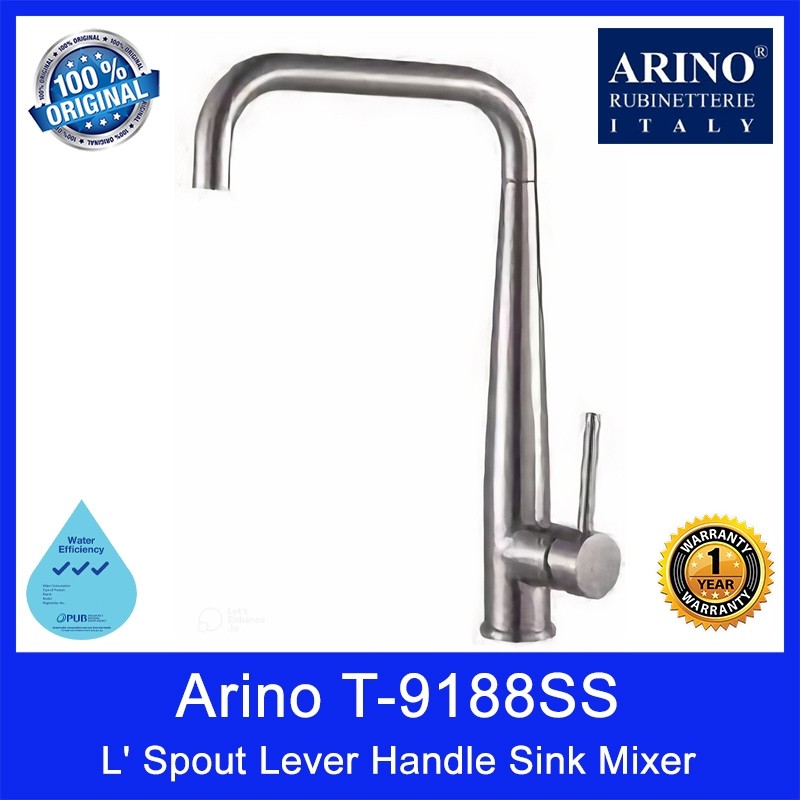 Arino T-9188SS L' Spout Lever Handle Sink Mixer. Stainless Steel 304. Satin Finishing. 385H*205Lmm. WELS: 3 Ticks