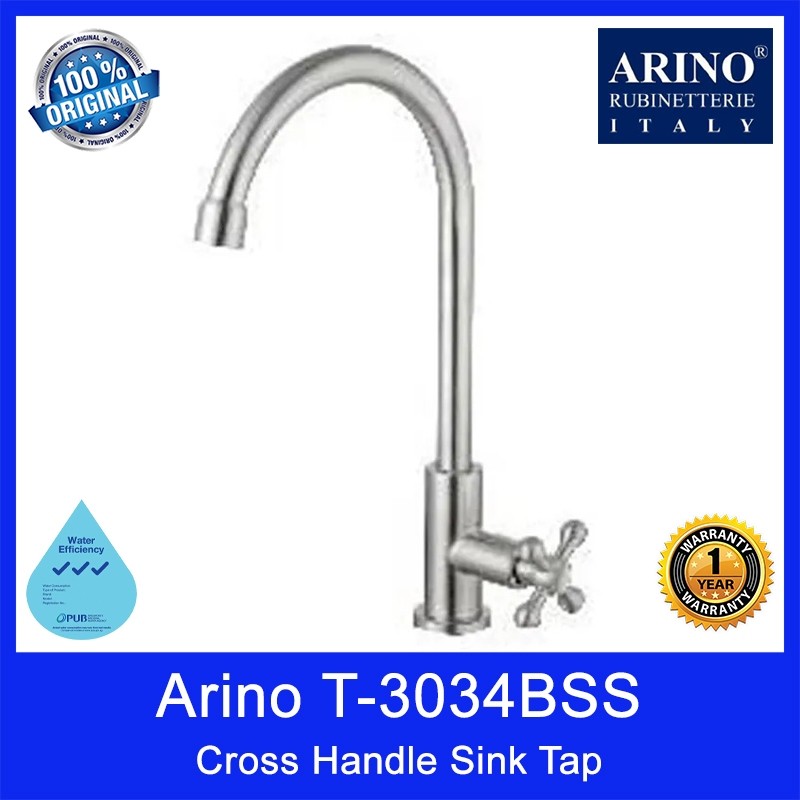 Arino T-3034BSS-3 Cross Handle Sink Tap. Stainless Steel 304. Satin Finishing. 305H*180Lmm. WELS: 3 Ticks. 1 Yr Warranty