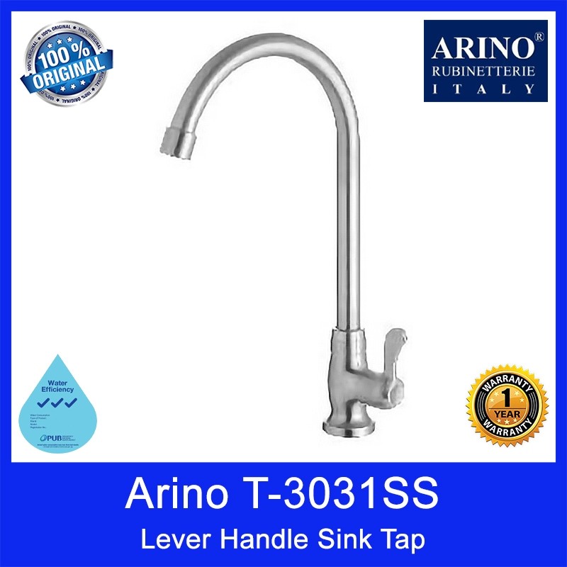 Arino T-3031SS Lever Handle Sink Tap. Stainless Steel 304. Satin Finishing. 318H*180Lmm. WELS: 3 Ticks. 1 Year Warranty