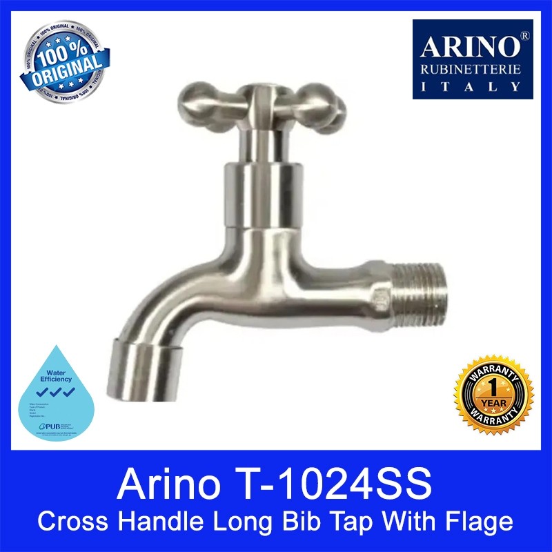 Arino T-1024SS | T-1024LSS Cross Handle Long Bib Tap with Flage. Stainless Steel 304. Satin Finishing. 100H x 92Lmm.