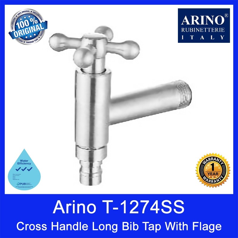 Arino T-1274SS Cross Handle Long Bib Tap with Flage. Stainless Steel 304. Satin Finishing. 106H*92Lmm. WELS: 3 Ticks.