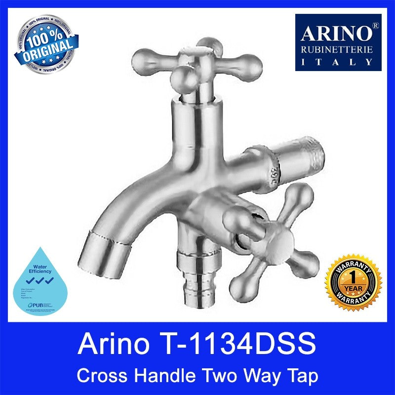Arino T-1134DSS Cross Handle Two Way Tap. Stainless Steel 304. Satin Finishing. 102H*130Lmm. WELS: 3 Ticks. 1Yr Wty.