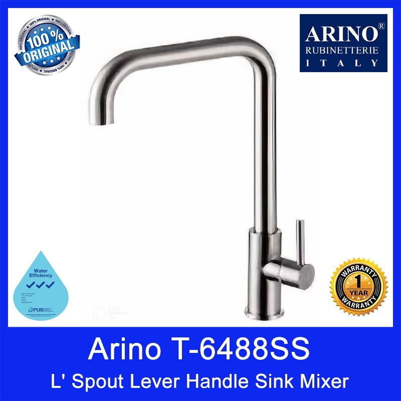 Arino T-6488SS L' Spout Lever Handle Sink Mixer. Available in Satin, Matt Black, and Gun Metal Finishing. WELS: 3 Ticks.