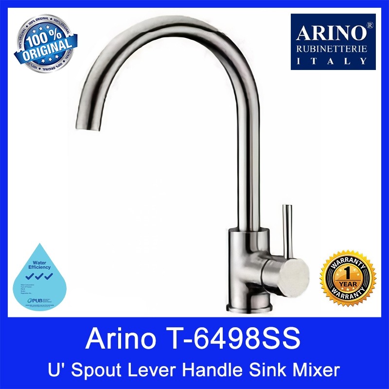 Arino T-6498SS U' Spout Lever Handle Sink Mixer. Stainless Steel 304. Satin Finishing. 400H*215Lmm. WELS: 3 Ticks