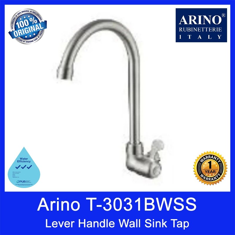 Arino T-3031BWSS Lever Handle Wall Sink Tap. Stainless Steel 304. Satin Finishing. 285H*178Lmm. WELS: 3 Ticks. 1 Yr Wty.