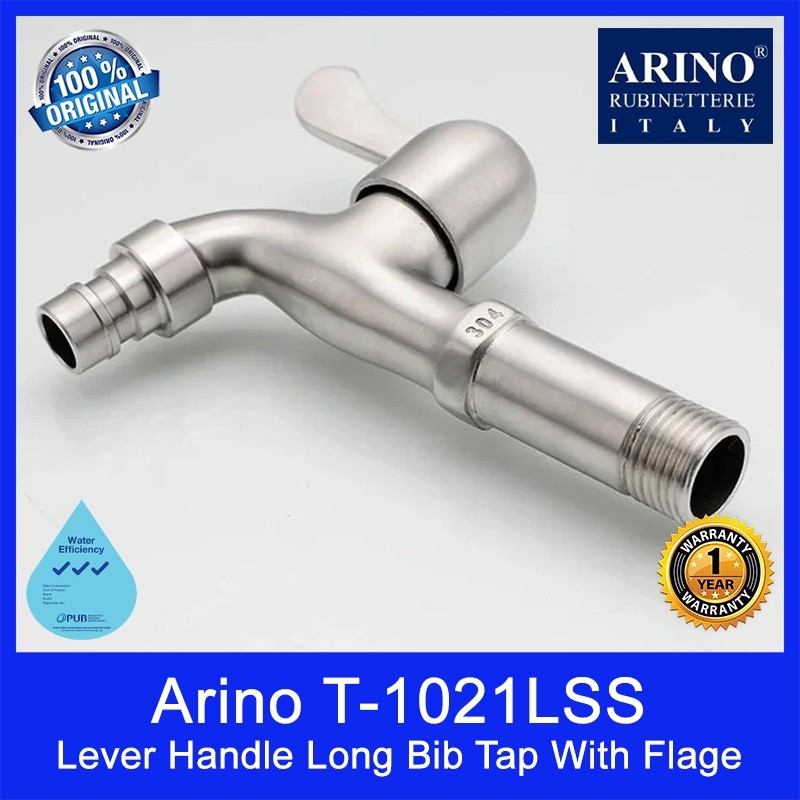 Arino T-1021LSS Lever Handle Long Bib Tap with Flage. Stainless Steel 304. Satin Finishing. WELS: 3 Ticks. 1 Yr Wty.