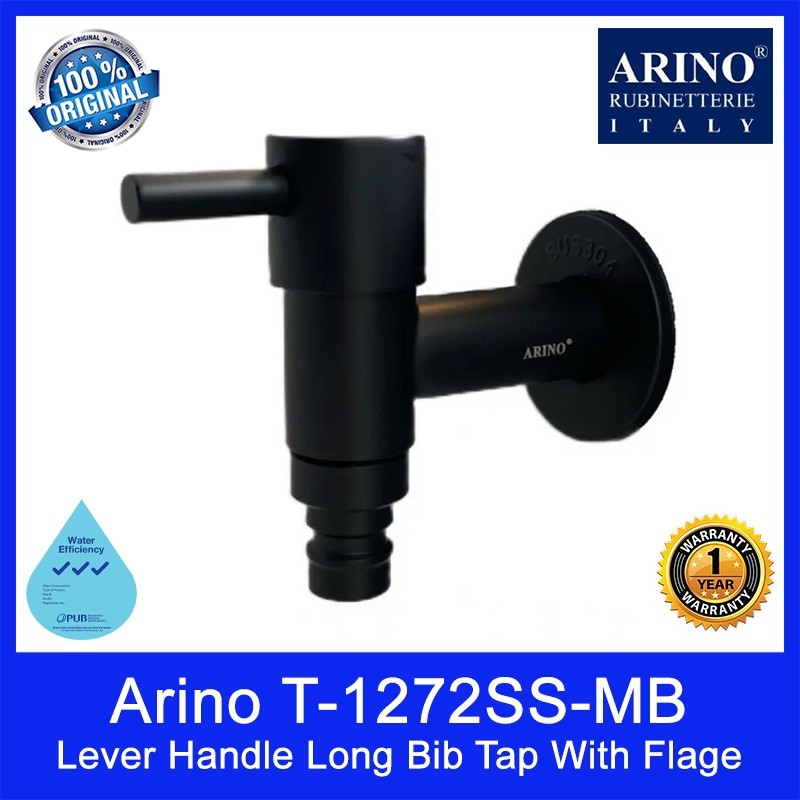 Arino T-1272SS | T-1272SS-MB Lever Handle Long Bib Tap with Flage. Stainless Steel 304. Satin and Matt Black Finishing.