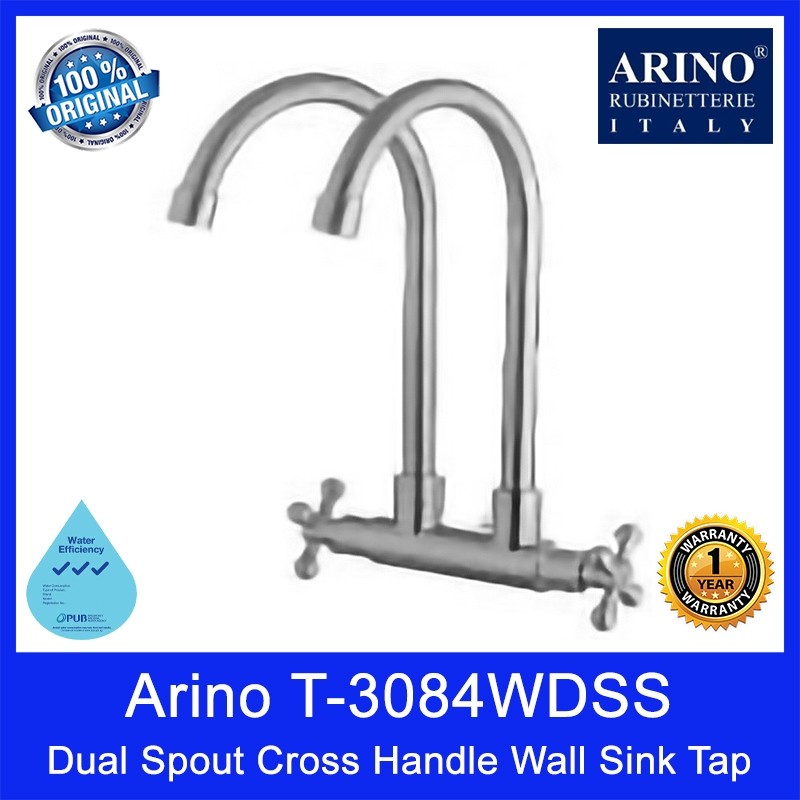 Arino T-3084WDSS Dual Spout Cross Handle Wall Sink Tap. Stainless Steel 304. Satin Finishing. WELS: 3 Ticks. 1 Yr Wty.