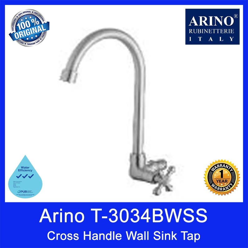 Arino T-3034BWSS Cross Handle Wall Sink Tap. Stainless Steel 304. Satin Finishing. 285H*178Lmm. WELS: 3 Ticks. 1 Yr Wty.